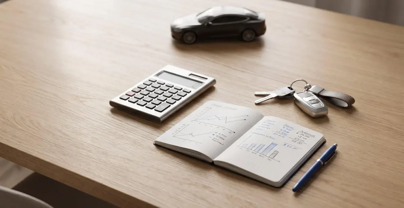 Vue en plongée d'un bureau minimaliste avec calculatrice, carnet de notes budgétaires et clés de voiture, symbolisant la planification d'un budget leasing automobile