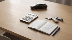 Vue en plongée d'un bureau minimaliste avec calculatrice, carnet de notes budgétaires et clés de voiture, symbolisant la planification d'un budget leasing automobile