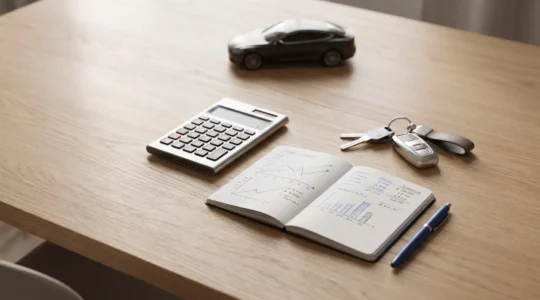 Vue en plongée d'un bureau minimaliste avec calculatrice, carnet de notes budgétaires et clés de voiture, symbolisant la planification d'un budget leasing automobile