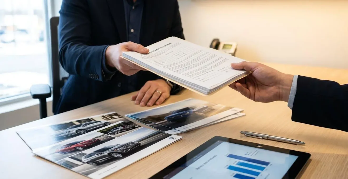 Gros plan de deux mains échangeant des documents de contrat de leasing au-dessus d'une table de bureau avec brochures et tablette