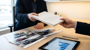 Gros plan de deux mains échangeant des documents de contrat de leasing au-dessus d'une table de bureau avec brochures et tablette