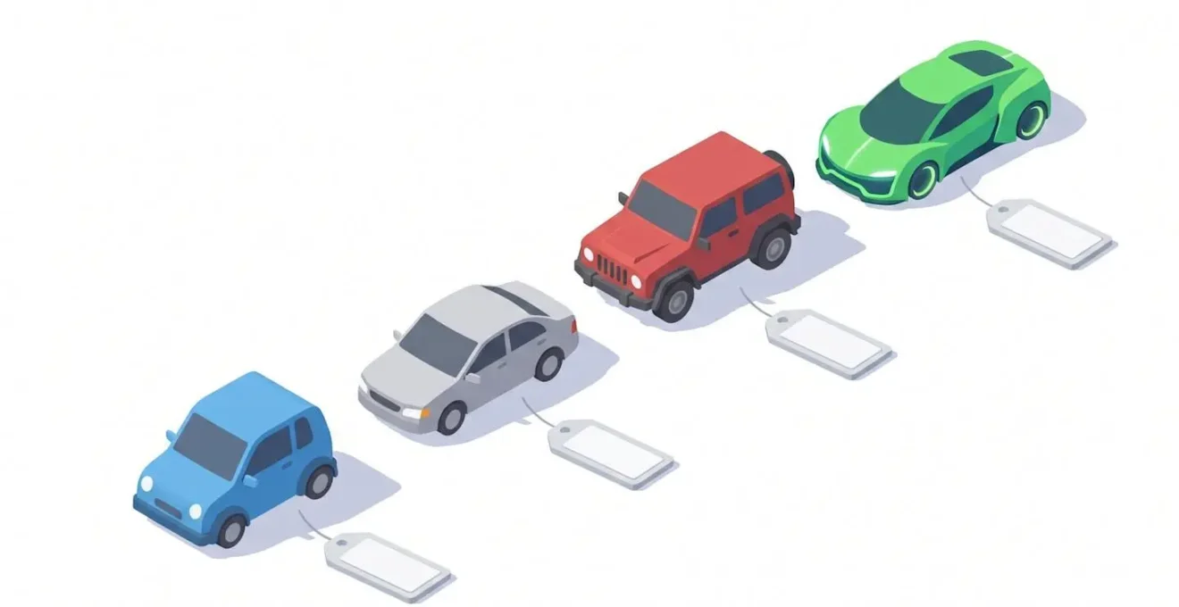 Illustration 3D isométrique de quatre types de véhicules en leasing : citadine, compacte, SUV et électrique, avec étiquettes de prix
