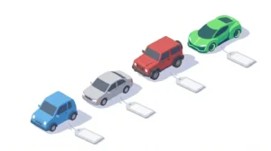 Illustration 3D isométrique de quatre types de véhicules en leasing : citadine, compacte, SUV et électrique, avec étiquettes de prix